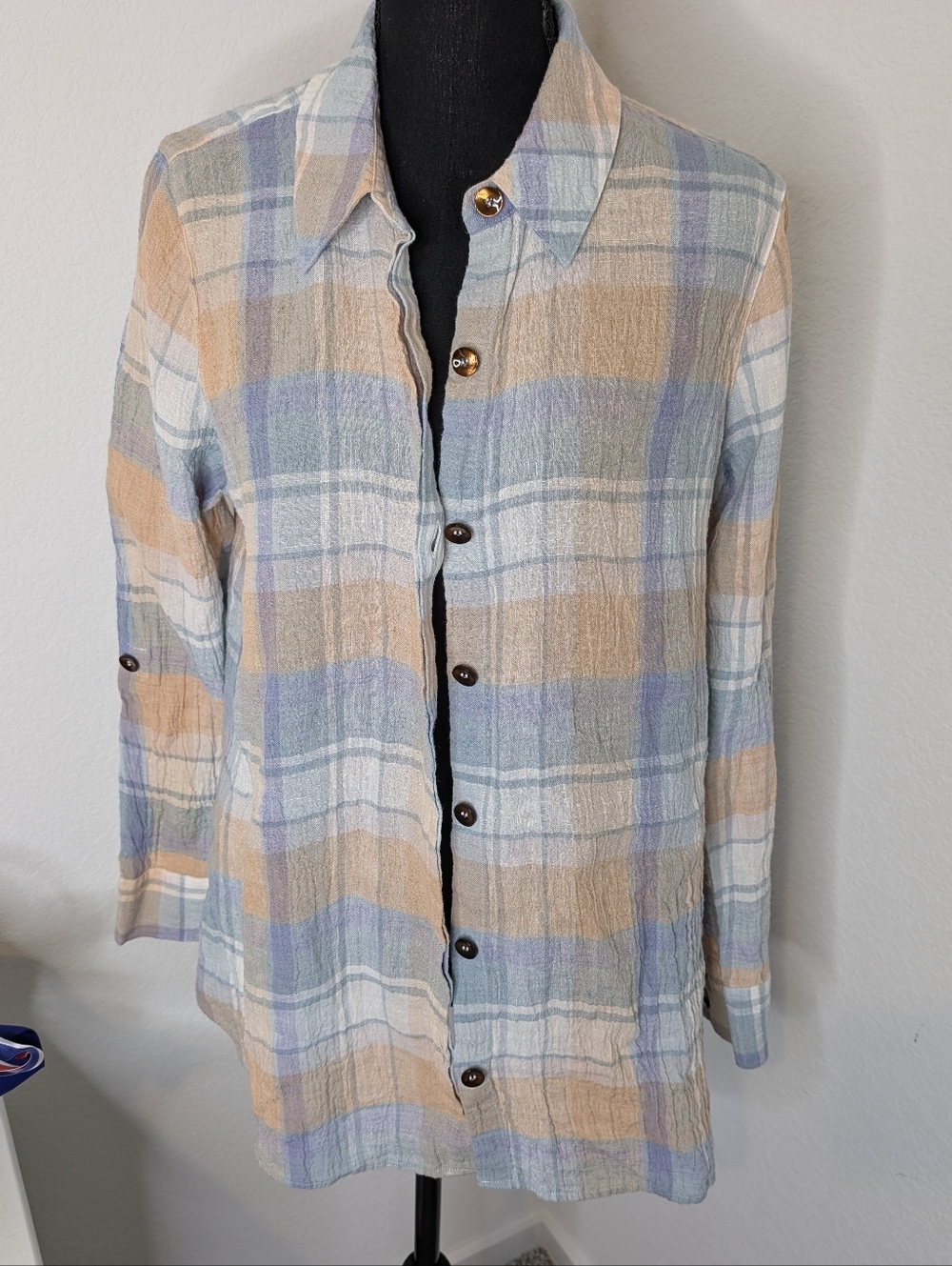 Soft Surroundings Rainbow Row Pastel Plaid Linen Shirt Medium - Picture 3 of 7